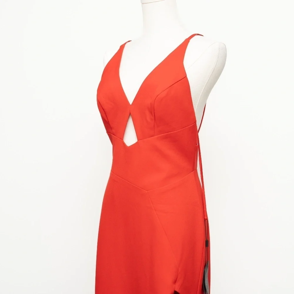 Ieena Mac‎ Duggal Red Thin Strap Cutout V-Neck High Slit Gown Dress 27434
